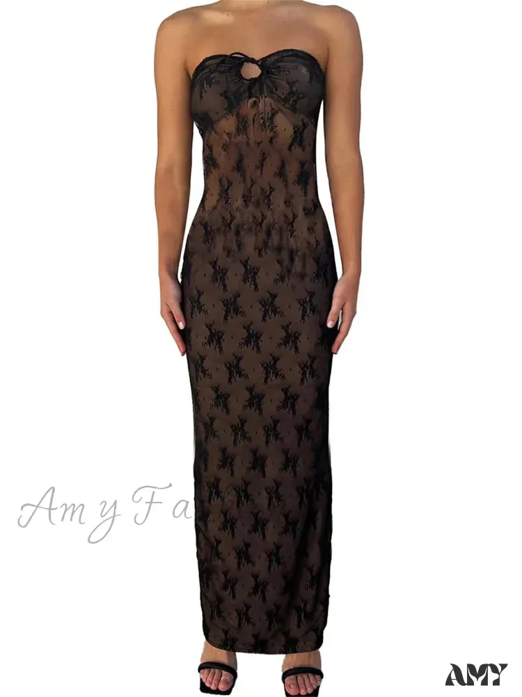 Amy Fashion - Sexy Women Lace Strapless Off Shoulder Tube Party Club Mesh See Through Tie-up Slim Fit  Vestido