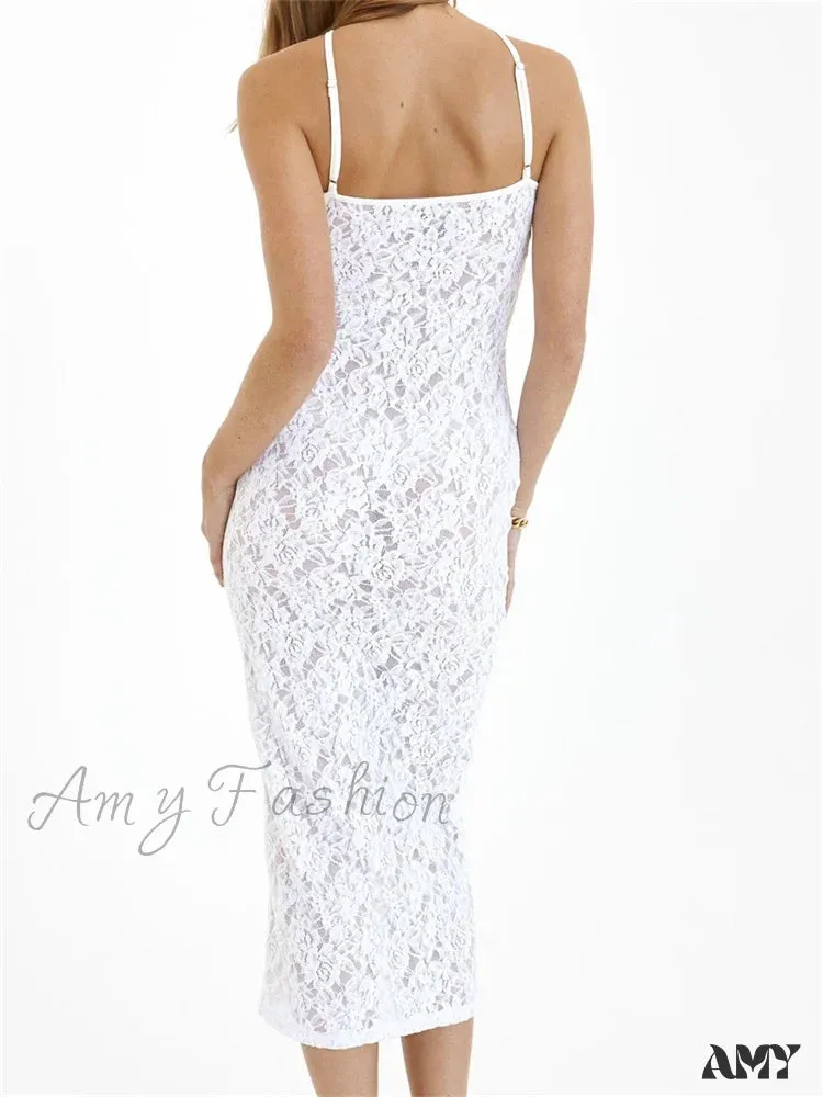 Amy Fashion - Women Lace Floral See Through Mid Elegant Sleeveless Criss-cross Off Shoulder Party Summer Vestidos