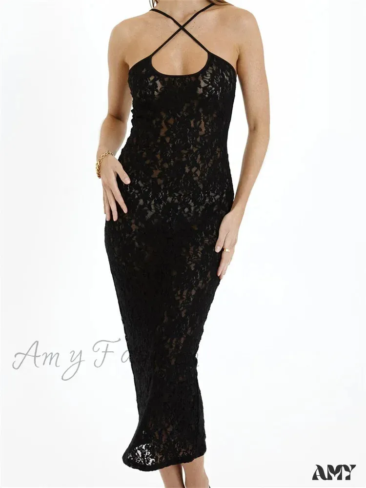 Amy Fashion - Women Lace Floral See Through Mid Elegant Sleeveless Criss-cross Off Shoulder Party Summer Vestidos