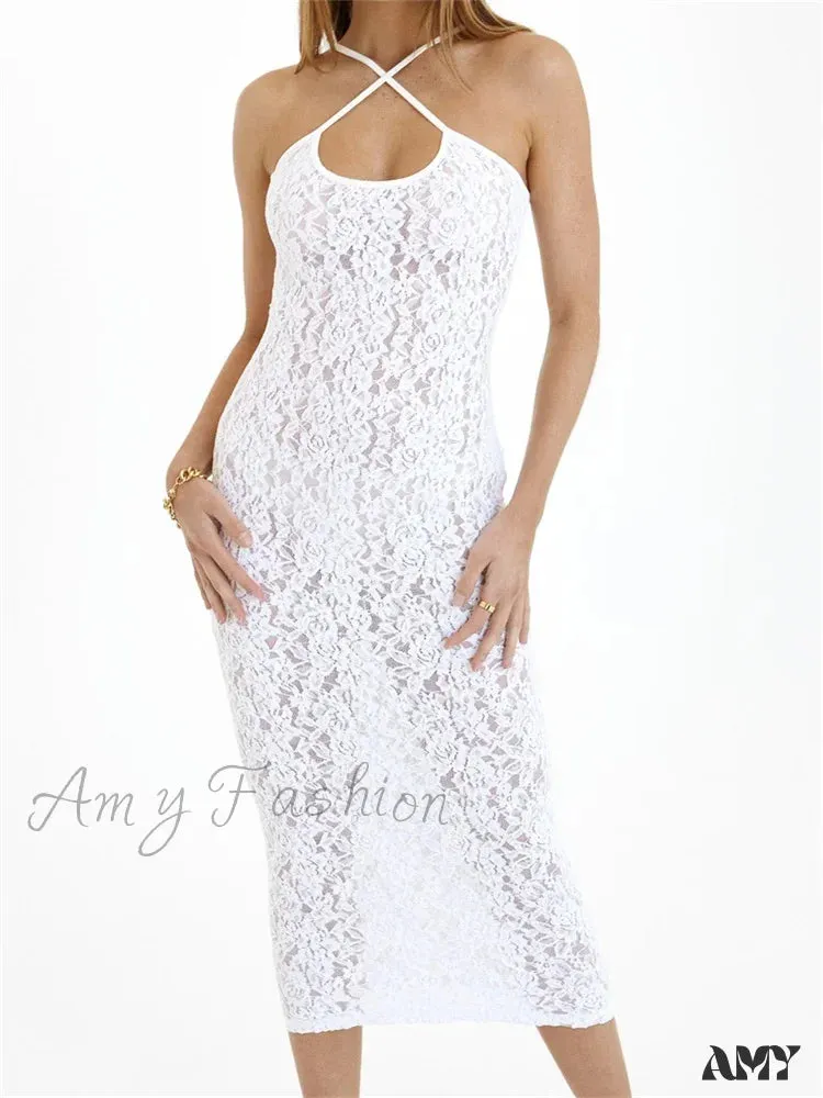 Amy Fashion - Women Lace Floral See Through Mid Elegant Sleeveless Criss-cross Off Shoulder Party Summer Vestidos