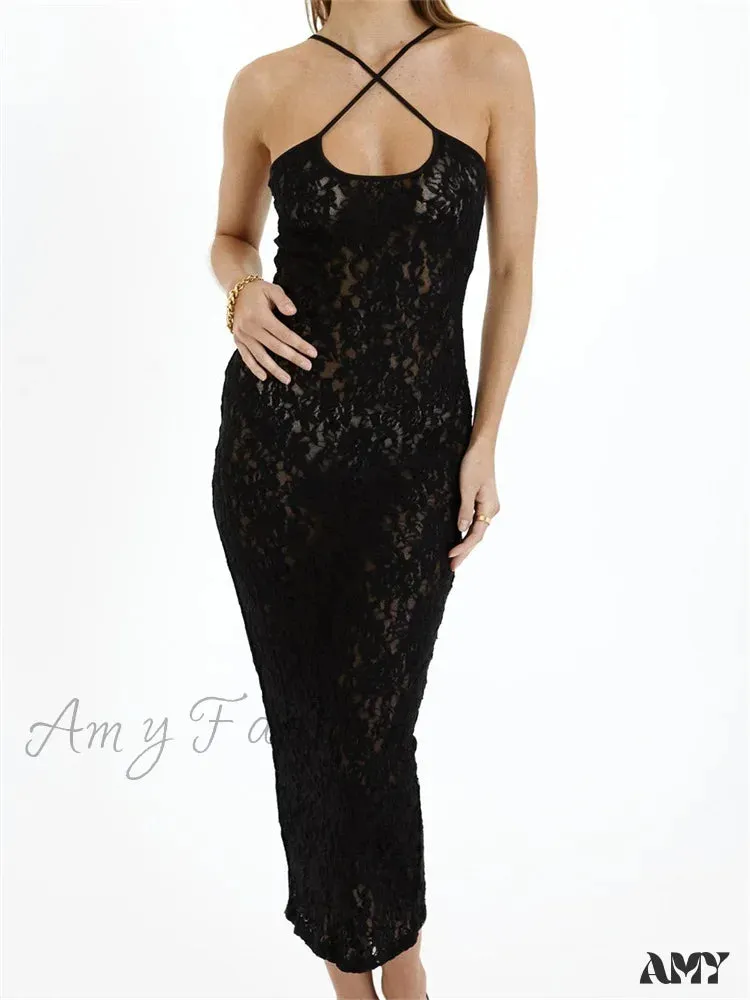 Amy Fashion - Women Lace Floral See Through Mid Elegant Sleeveless Criss-cross Off Shoulder Party Summer Vestidos