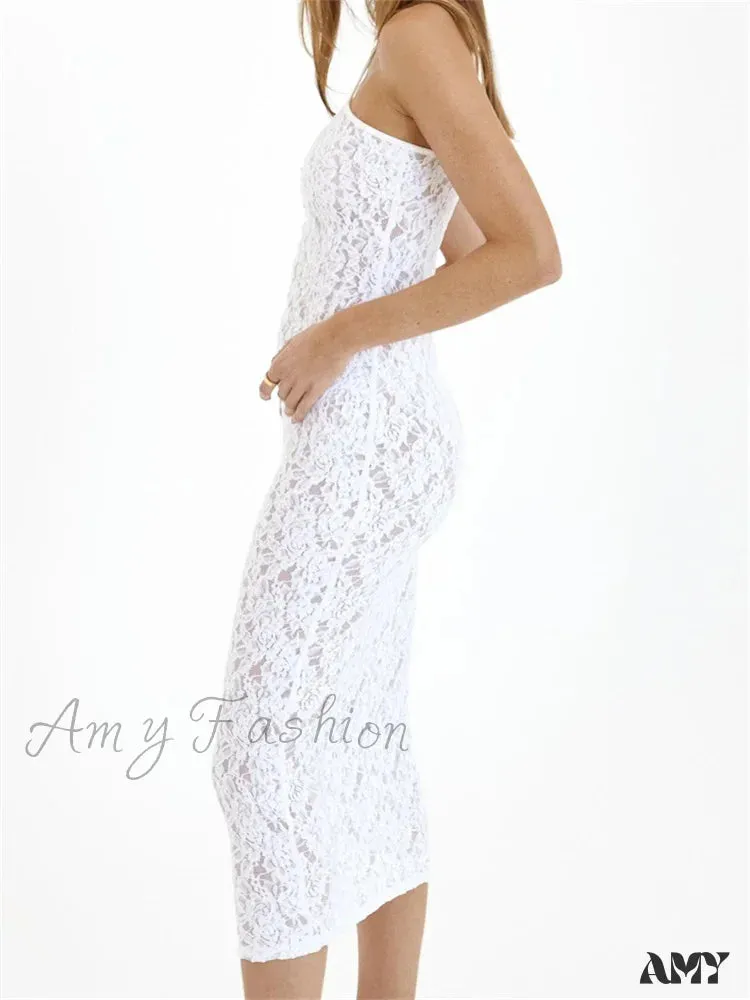 Amy Fashion - Women Lace Floral See Through Mid Elegant Sleeveless Criss-cross Off Shoulder Party Summer Vestidos