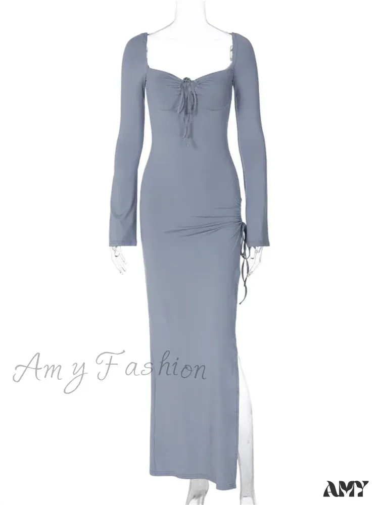 Amy Fashion - Women   Sleeve Low-cut Tie-up Solid Color Slim Fit Cocktail Party High Split Female Vestidos
