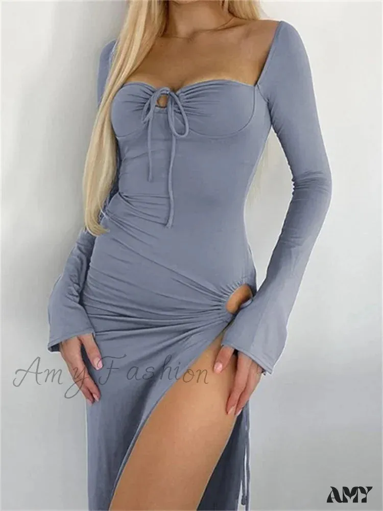 Amy Fashion - Women   Sleeve Low-cut Tie-up Solid Color Slim Fit Cocktail Party High Split Female Vestidos