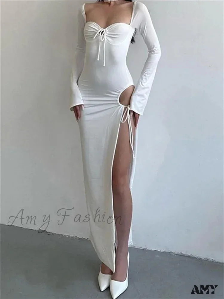 Amy Fashion - Women   Sleeve Low-cut Tie-up Solid Color Slim Fit Cocktail Party High Split Female Vestidos