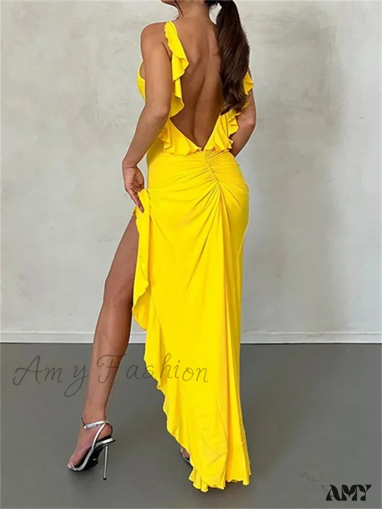 Amy Fashion - Women Spaghetti Strap Backless Ruffles  Sexy Slim Fit V Neck Sleeveless Strap Ruched Beach  Vestidos
