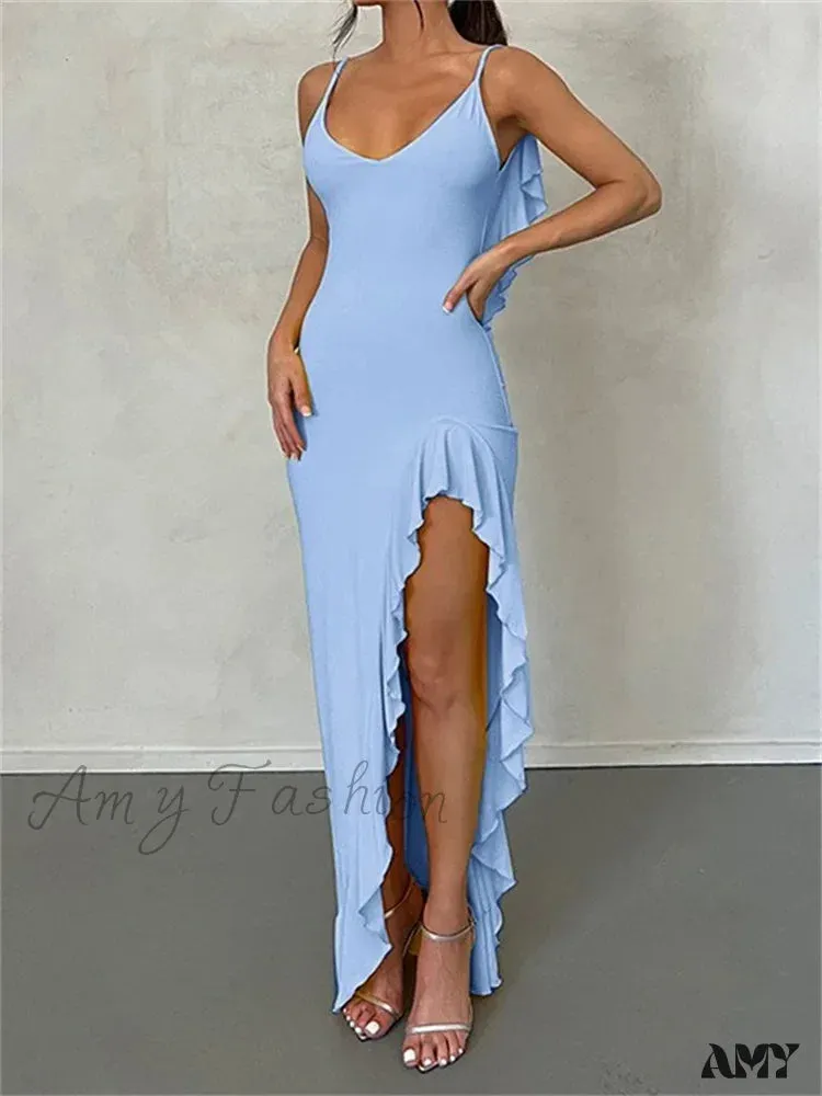 Amy Fashion - Women Spaghetti Strap Backless Ruffles  Sexy Slim Fit V Neck Sleeveless Strap Ruched Beach  Vestidos
