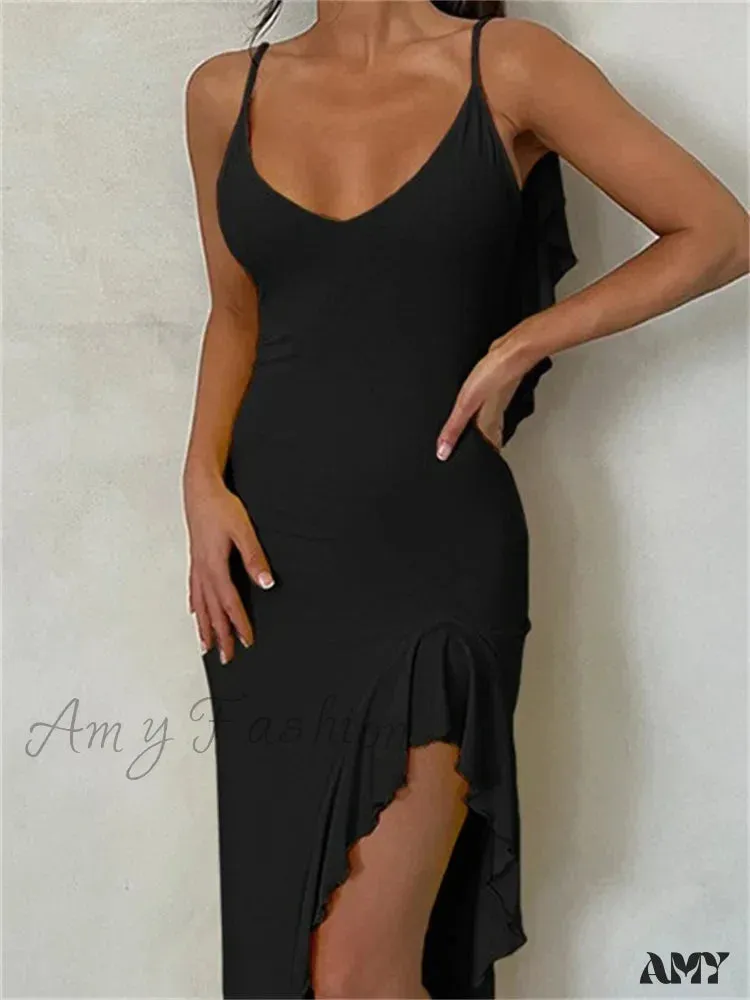 Amy Fashion - Women Spaghetti Strap Backless Ruffles  Sexy Slim Fit V Neck Sleeveless Strap Ruched Beach  Vestidos