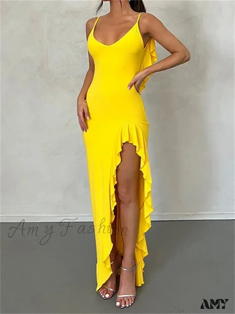 Amy Fashion - Women Spaghetti Strap Backless Ruffles  Sexy Slim Fit V Neck Sleeveless Strap Ruched Beach  Vestidos