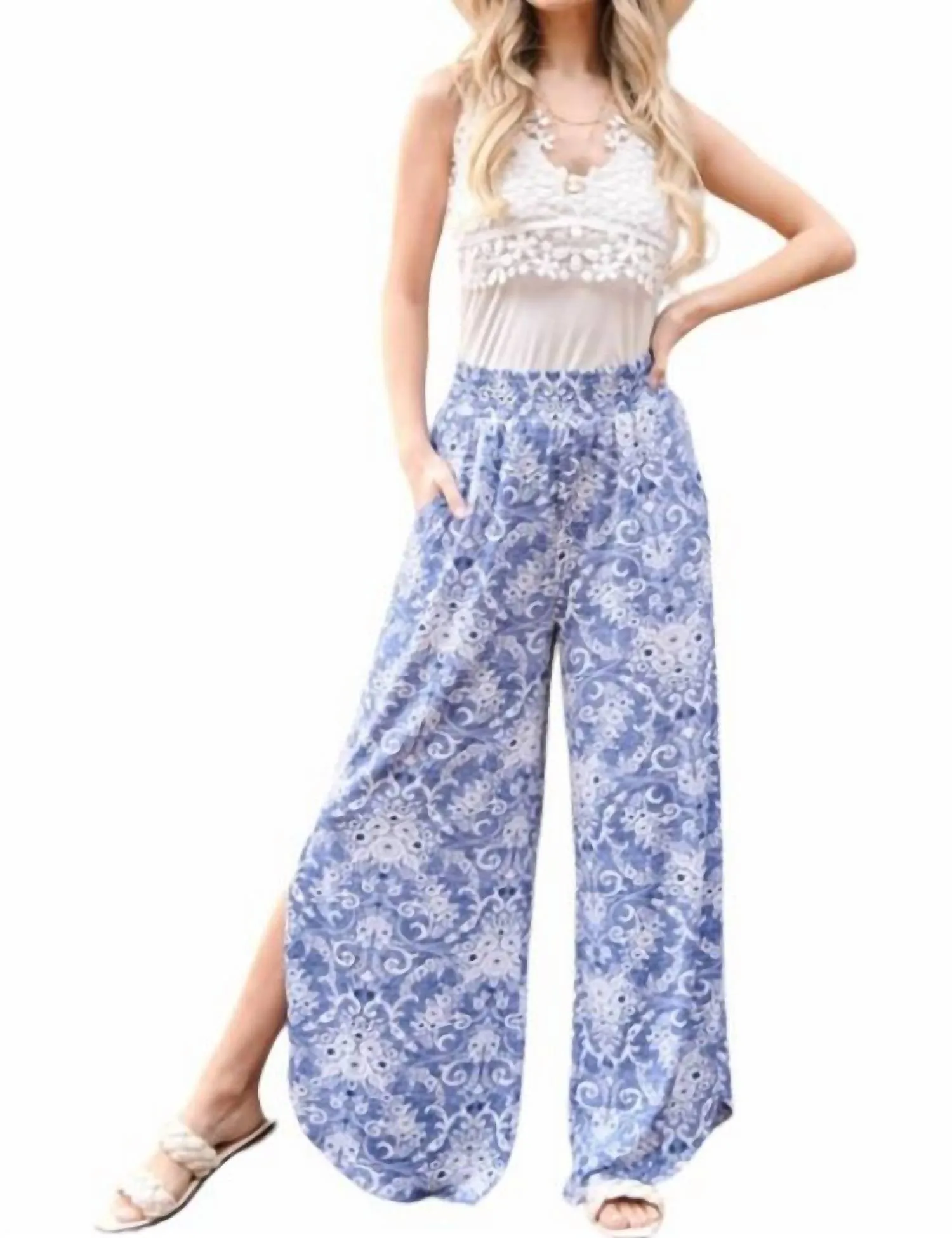 And The Why - Smocked Floral Side Slit Pants