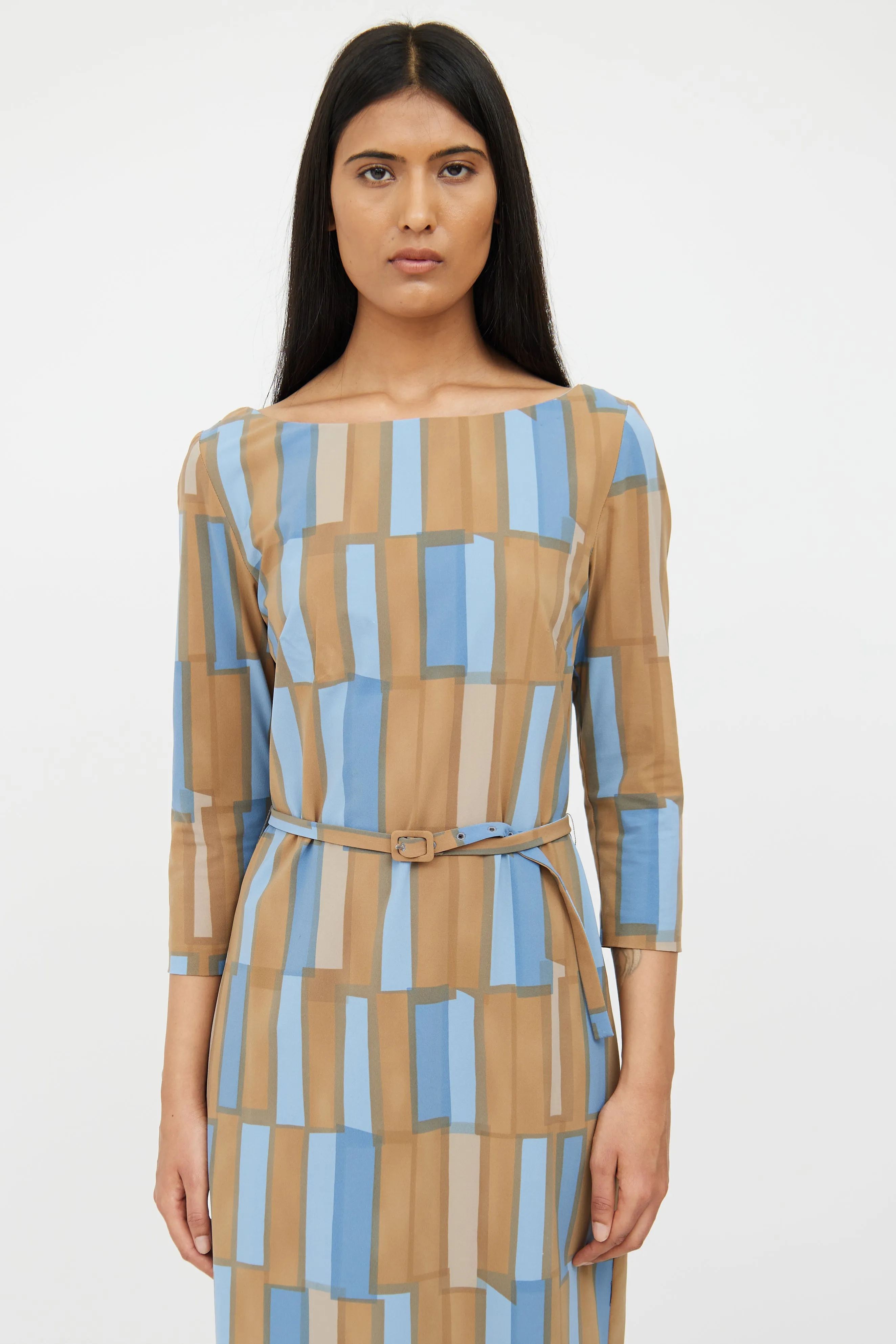 Blue & Brown Belted Pattern Dress