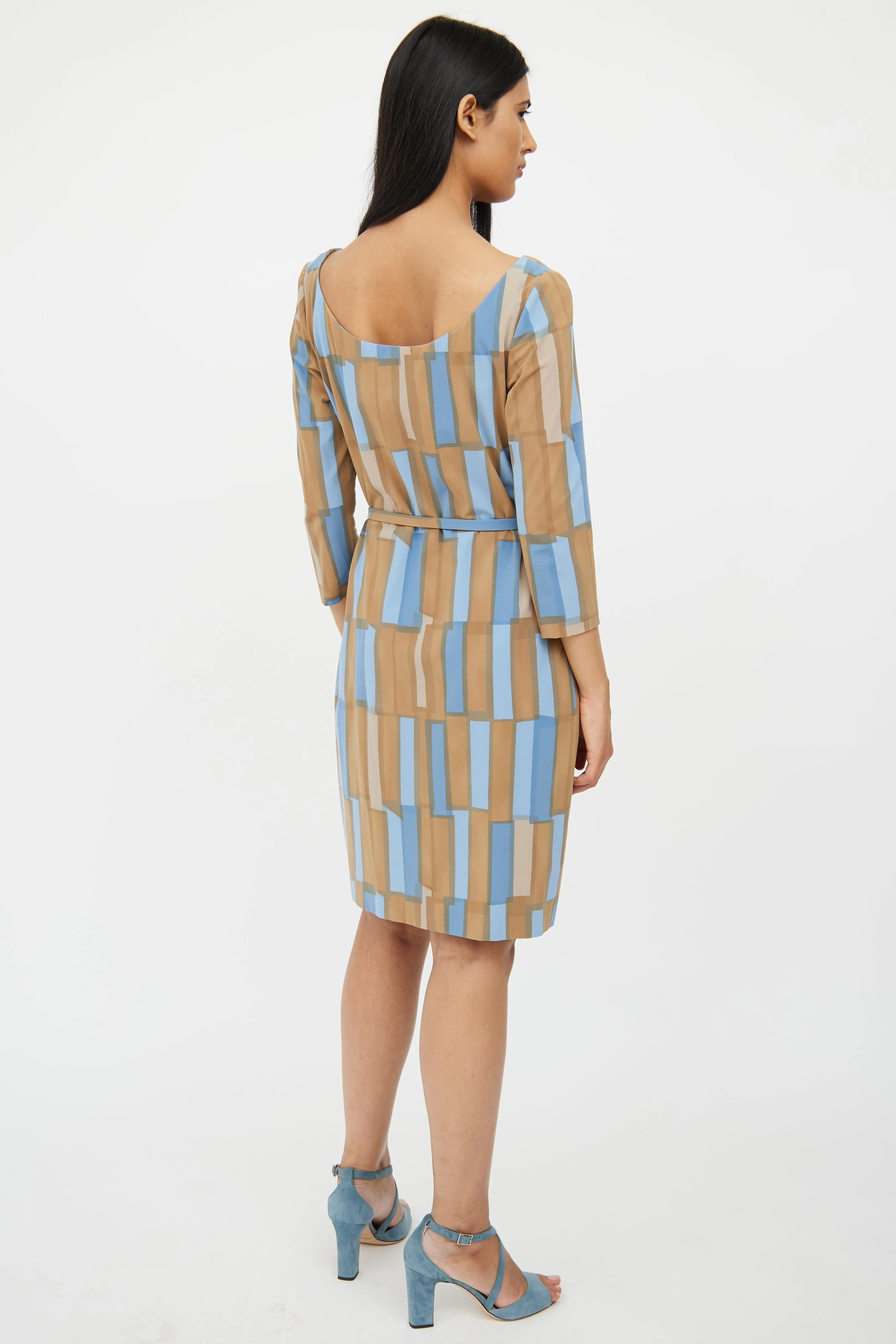 Blue & Brown Belted Pattern Dress