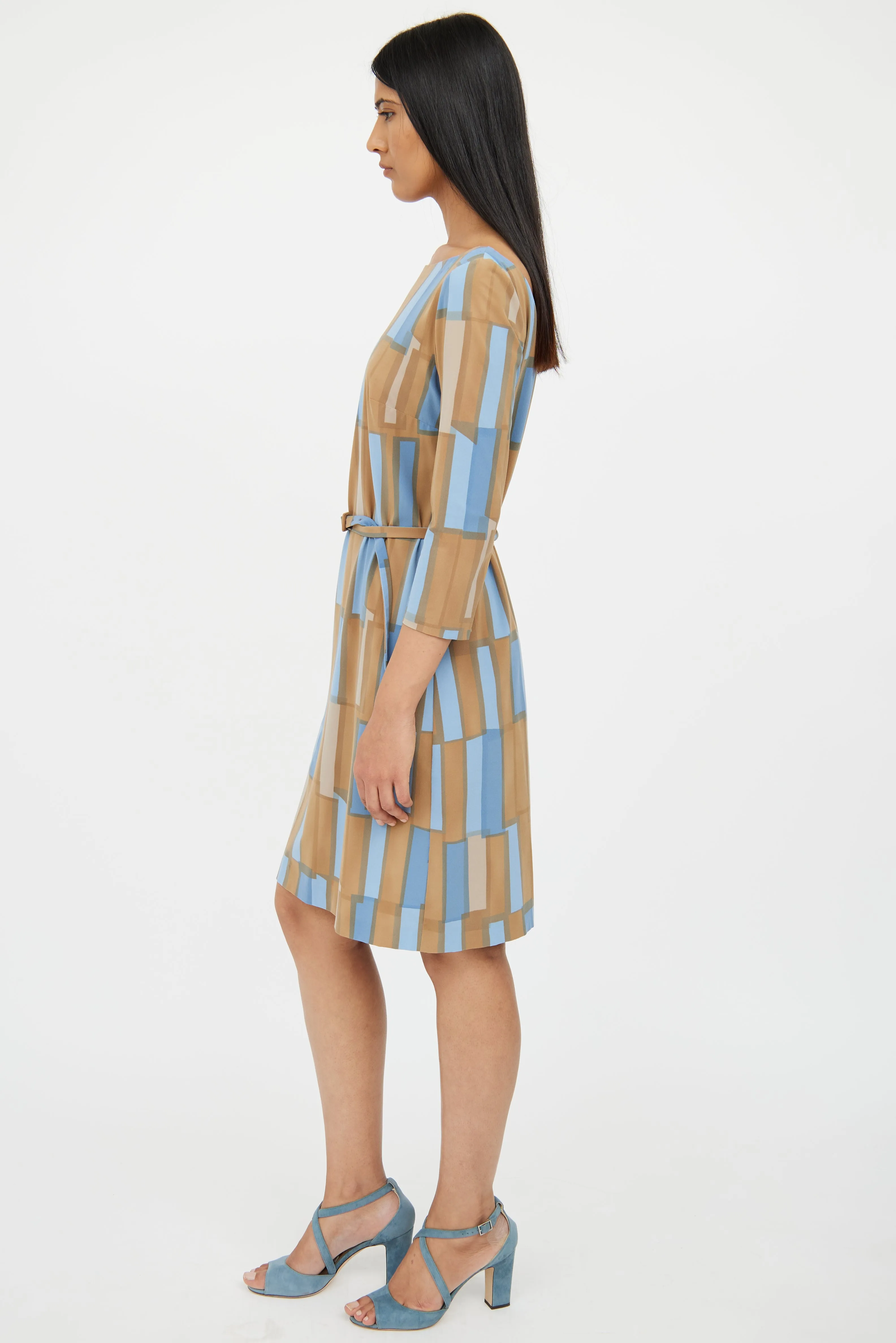Blue & Brown Belted Pattern Dress