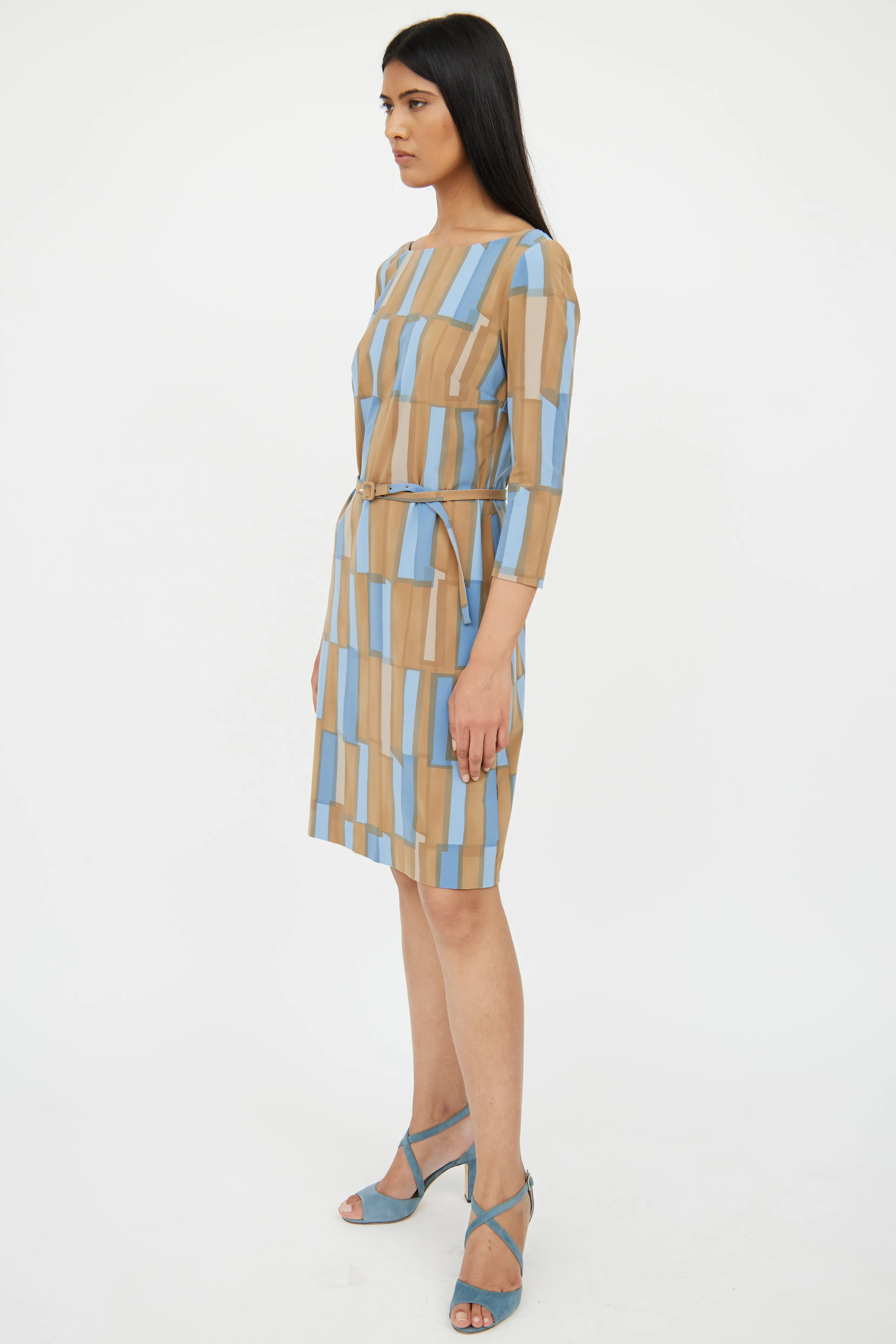 Blue & Brown Belted Pattern Dress