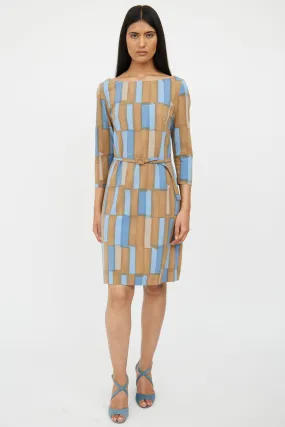 Blue & Brown Belted Pattern Dress