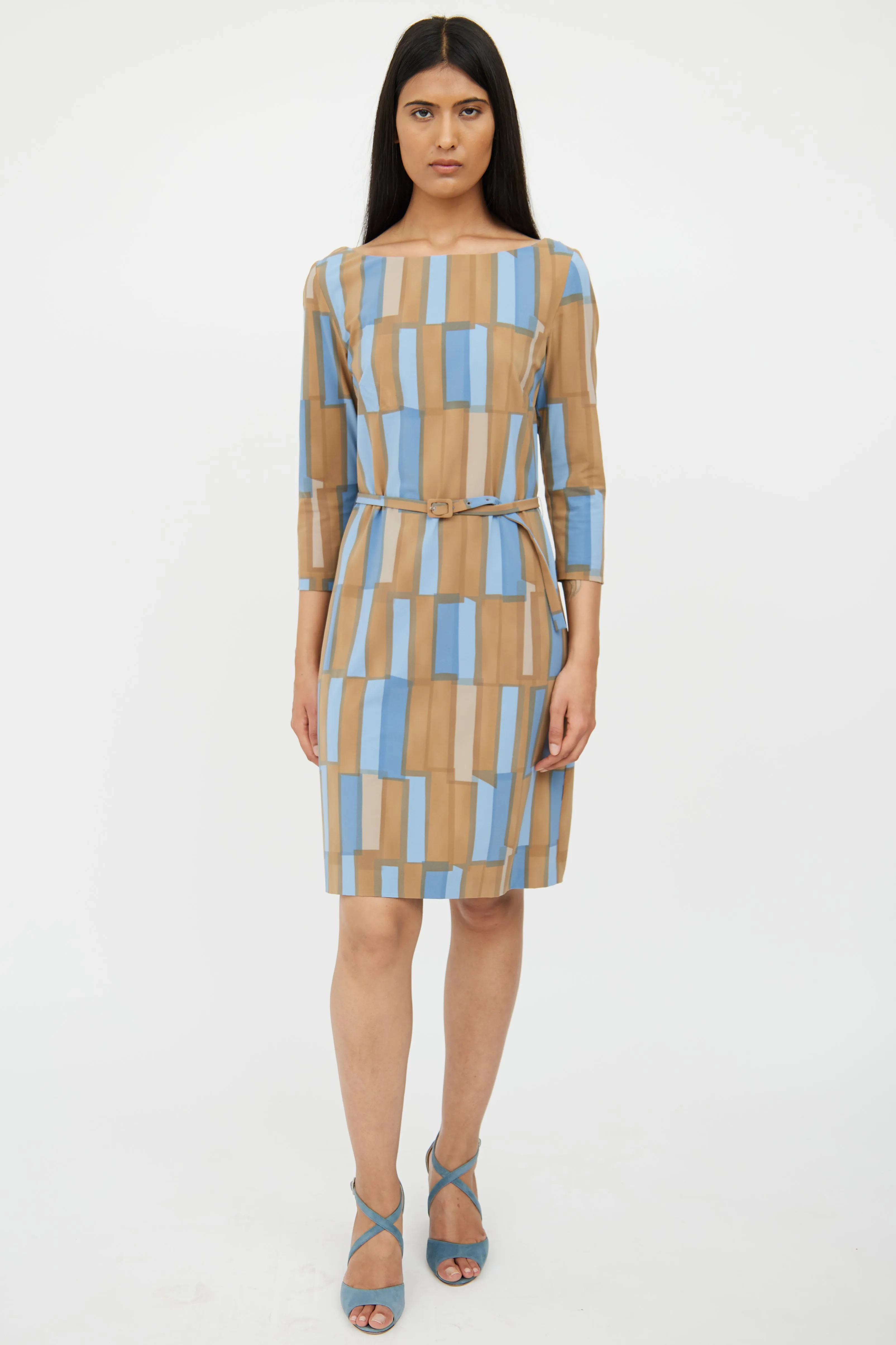 Blue & Brown Belted Pattern Dress
