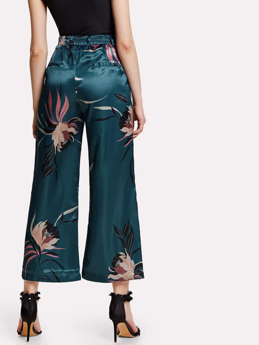 Botanical Print Wide Leg Pants