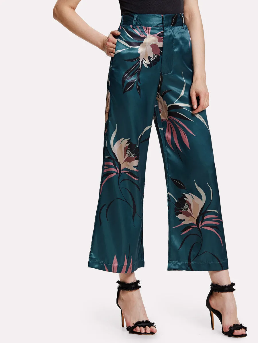 Botanical Print Wide Leg Pants