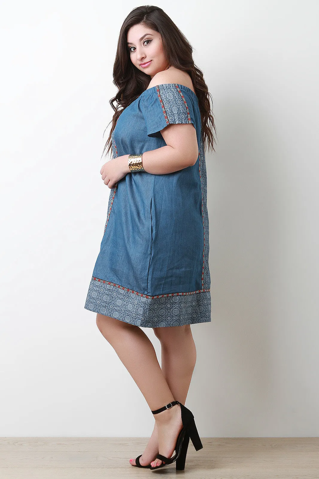 Chambray Printed Border Off-The-Shoulder Shift Dress