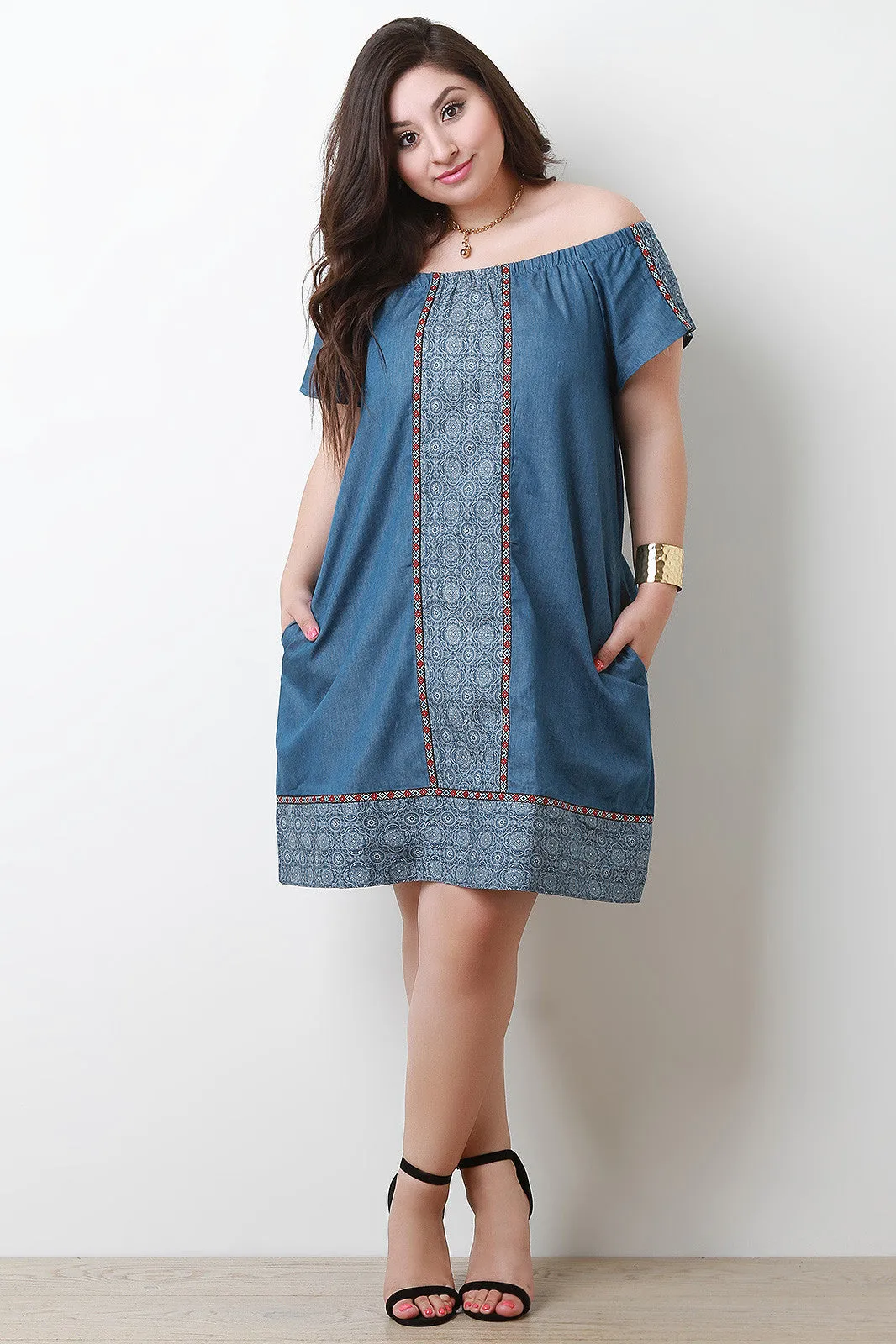 Chambray Printed Border Off-The-Shoulder Shift Dress