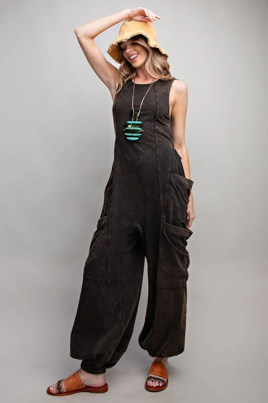 Easel Sleeveless washed cargo jumpsuit in black