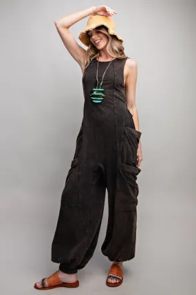 Easel Sleeveless washed cargo jumpsuit in black