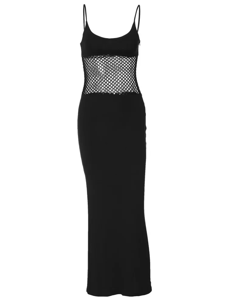 Sexy Hollow Out Summer Elegant Fashion Spaghetti Straps Sleeveless Evening Club Outfits Maxi Dress