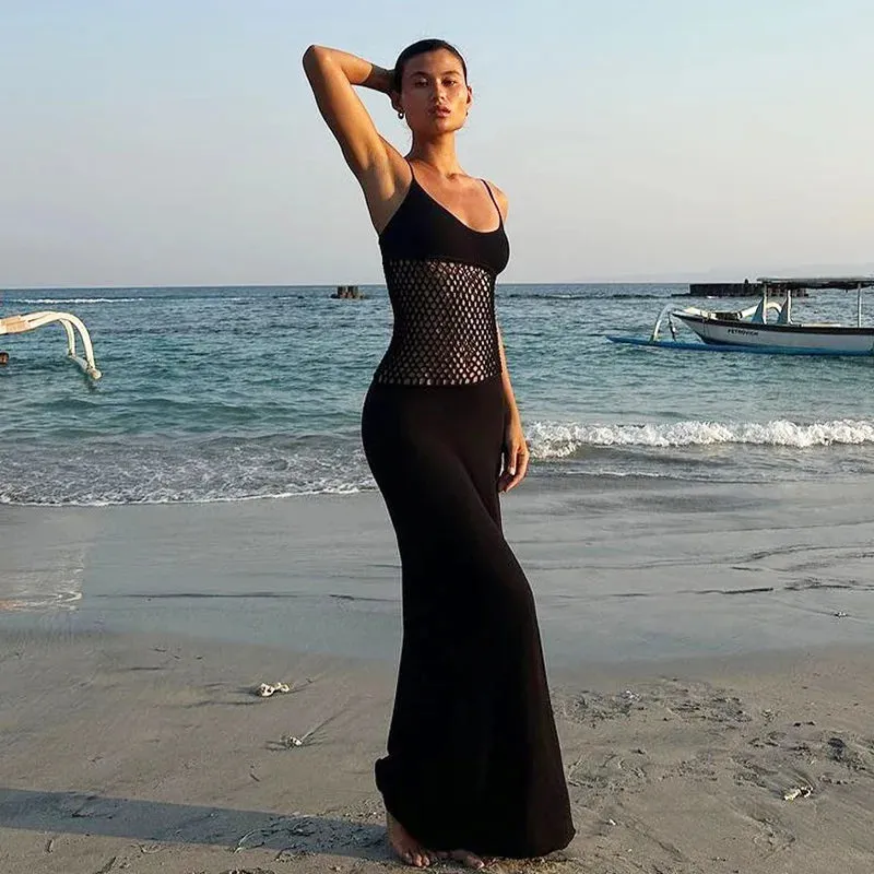 Sexy Hollow Out Summer Elegant Fashion Spaghetti Straps Sleeveless Evening Club Outfits Maxi Dress
