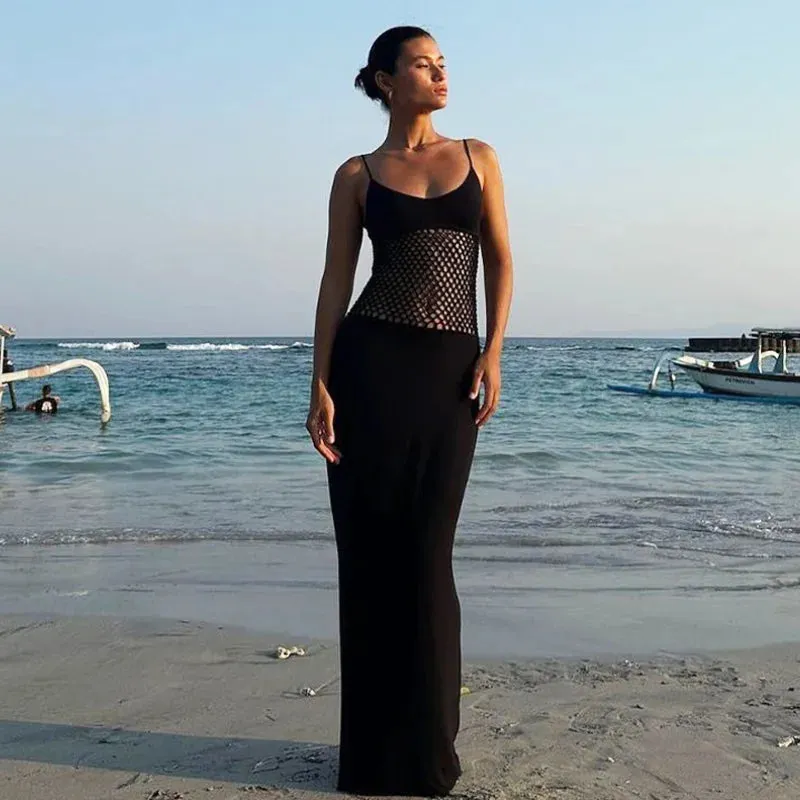 Sexy Hollow Out Summer Elegant Fashion Spaghetti Straps Sleeveless Evening Club Outfits Maxi Dress