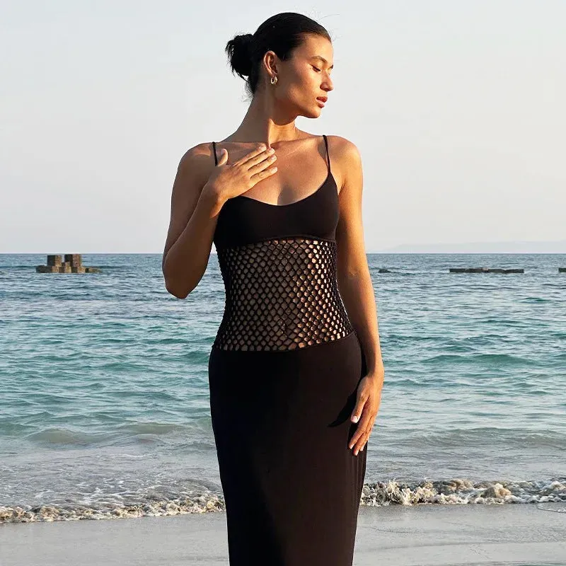 Sexy Hollow Out Summer Elegant Fashion Spaghetti Straps Sleeveless Evening Club Outfits Maxi Dress