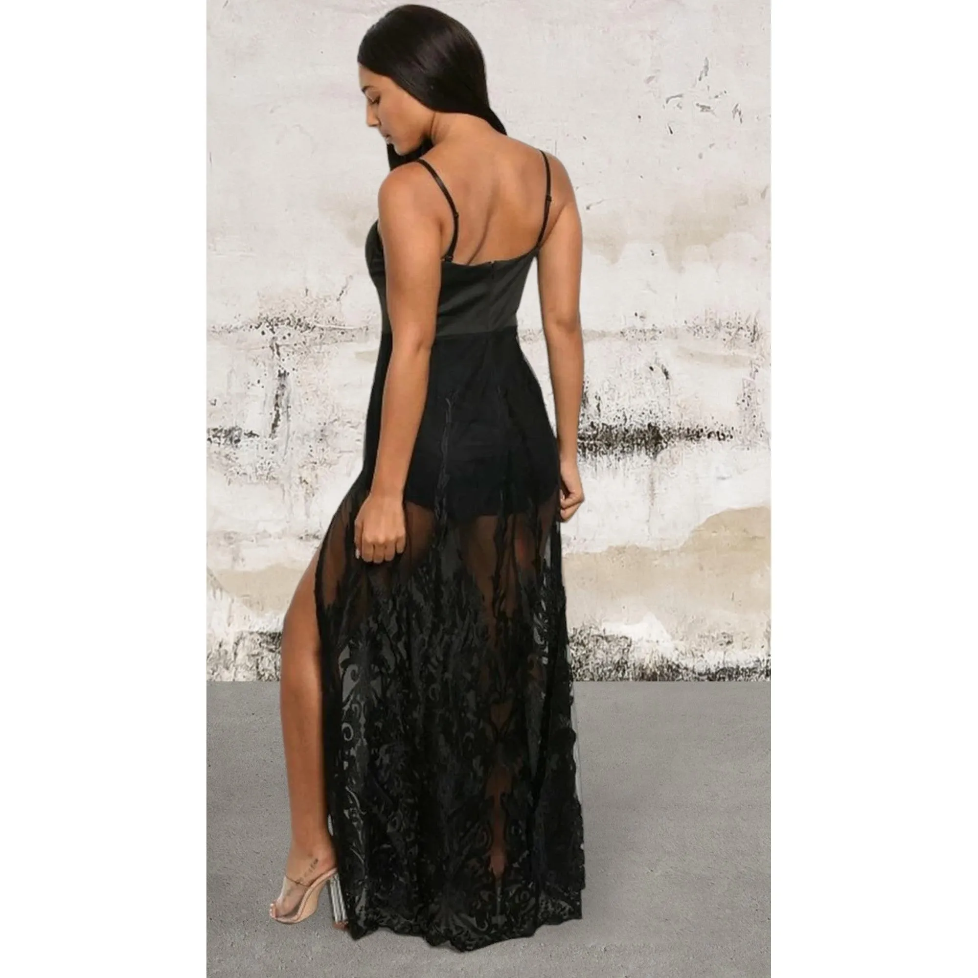 Sleeveless lace overlay romper maxi dress