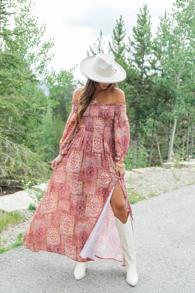 Sounds In My Mind Brick Off The Shoulder Printed Maxi Dress FINAL SALE