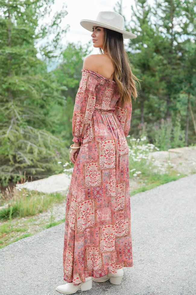 Sounds In My Mind Brick Off The Shoulder Printed Maxi Dress FINAL SALE